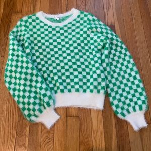 Fuzzy Checkerboard Print Sweater. Size large